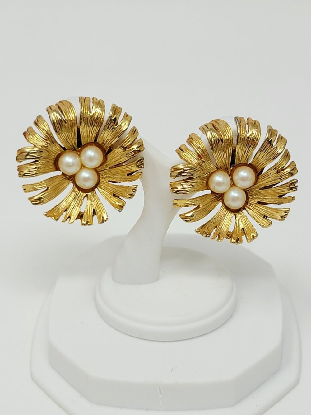 Vintage MJENT Gold Tone Faux Pearl Starburst Earrings